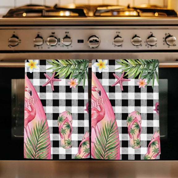 Summer Flamingo Kitchen Towels Set of 1, Tropical Plants Botanical Floral Black Plaid Absorbent Dish Towels for Kitchen, Microfiber Hand Towel, Quick Drying Tea Towel for Cleaning Dishcloths