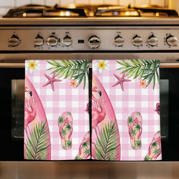 Summer Flamingo Kitchen Towels Set of 1, Tropical Plants Botanical Floral Pink Plaid Absorbent Dish Towels for Kitchen, Microfiber Hand Towel, Quick Drying Tea Towel for Cleaning Dishcloths
