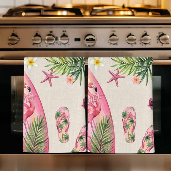 Summer Flamingo Kitchen Towels Set of 1, Tropical Plants Botanical Floral Rustic Absorbent Dish Towels for Kitchen, Microfiber Hand Towel, Quick Drying Tea Towel for Cleaning Decorative Dishcloths