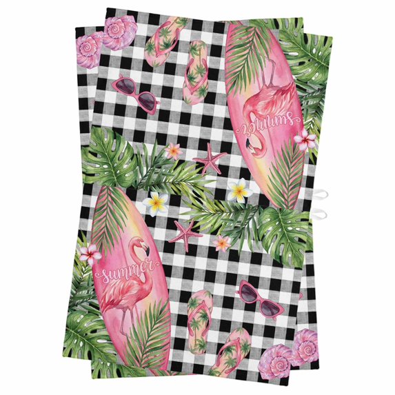 Summer Flamingo Kitchen Towels Set of 2, Water Absorbent Dish Towel, Tropical Plants Botanical Floral Black Plaid Decorative Hand Towels - Quick Drying Cloth for Cooking Baking, 18x28 Inch
