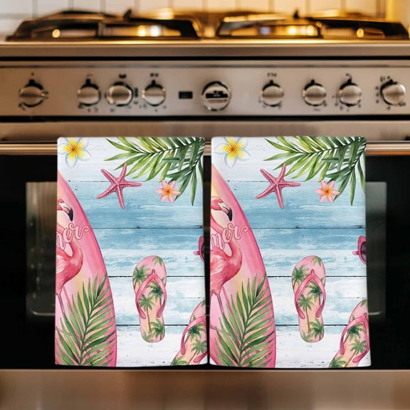 Summer Flamingo Kitchen Towels Set of 4, Tropical Plants Botanical Blue Ombre Wood Absorbent Dish Towels for Kitchen, Microfiber Hand Towel, Quick Drying Tea Towel for Cleaning Decorative Dishcloths