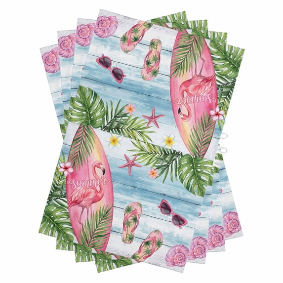 Summer Flamingo Kitchen Towels Set of 4, Water Absorbent Dish Towel, Tropical Plants Botanical Blue Ombre Wood Decorative Hand Towels - Quick Drying Cloth for Cooking Baking, 18x28 Inch