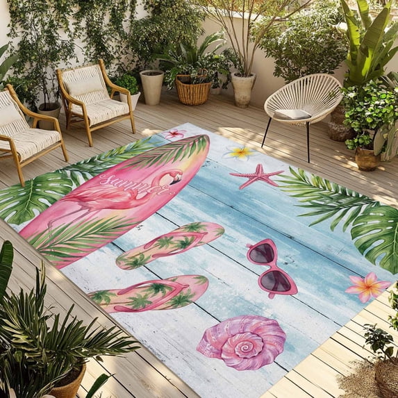Summer Flamingo Outdoor Rug for Patio/Deck/Porch, Non-Slip Large Area Rug 3 x 5 Ft, Tropical Plants Botanical Blue Ombre Wood Indoor Outdoor Rugs Washable Area Rugs, Camping Rug Carpet Runner