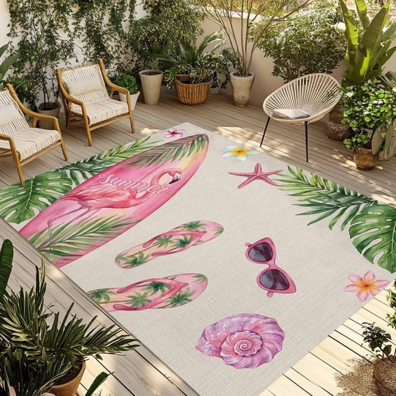 Summer Flamingo Outdoor Rug for Patio/Deck/Porch, Non-Slip Large Area Rug 4 x 6 Ft, Tropical Plants Botanical Floral Rustic Indoor Outdoor Rugs Washable Area Rugs, Camping Rug Carpet Runner