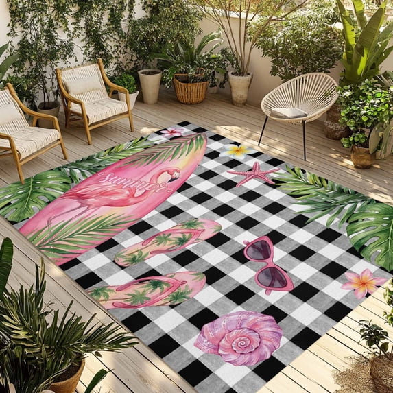 Summer Flamingo Outdoor Rug for Patio/Deck/Porch, Non-Slip Large Area Rug 5 x 8 Ft, Tropical Plants Botanical Floral Black Plaid Indoor Outdoor Rugs Washable Area Rugs, Camping Rug Carpet Runner