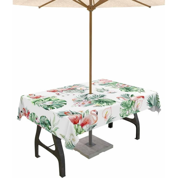 Summer Flamingo Outdoor Tablecloth - 60 Inch Round Dining Table Cover, Green Palm Leaf Tropical Waterproof Outdoor Table Cloth with Umbrella Hole & Zipper for Picnic/Patio/Party