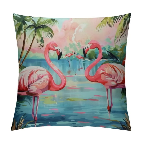 Summer Flamingo Pillow Cover Lush Palm Landscape with Pink Birds, Watercolor Style Cushion Case for Home Decor