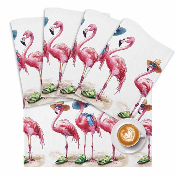 Summer Flamingo Placemats Set of 2 Green Slippers Blue Hat Beach Ocean Place Mats Washable Table Mats for Party Kitchen Dining Decoration, 13 X 19 Inch
