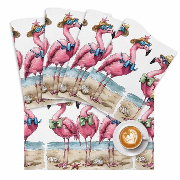 Summer Flamingo Placemats Set of 4 Shell Hat Pink Starfish Beach Ocean Place Mats Washable Table Mats for Party Kitchen Dining Decoration, 13 X 19 Inch
