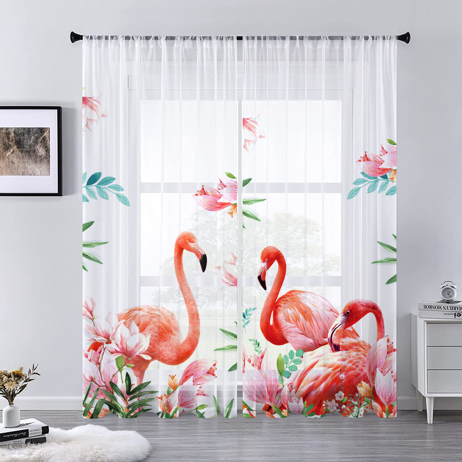 Transparent Rations Summer Flamingo Plant Leaves Tulle Curtains for Living Room Bedroom ...