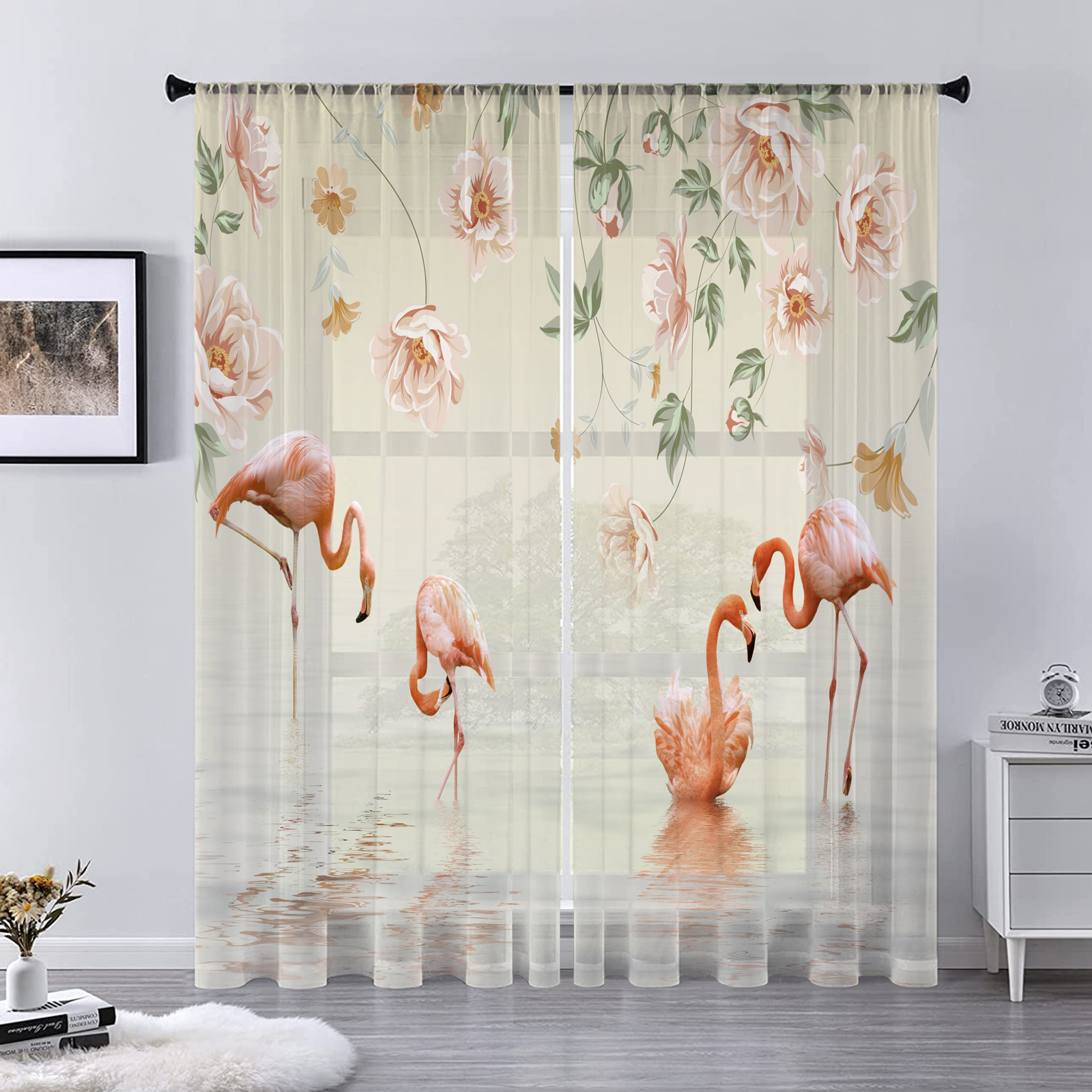 Transparent Rations Summer Flamingo Plant Leaves Tulle Curtains for Living Room Bedroom ...