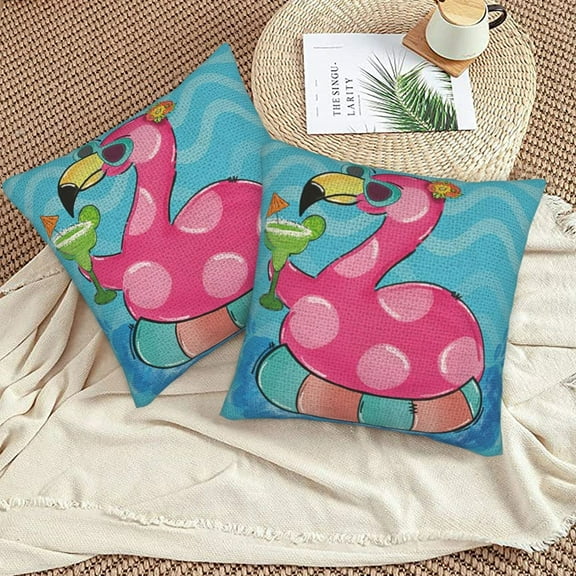 Summer Flamingo Pool Throw Pillow Covers 18"X18" Set Of 2 Sofa Rustic Home Decor For Living Room Bedroom Bed Cushion Outdoor