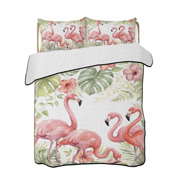 Summer Flamingo Quilts Bedding Set Full Size Boho Red Tropical Animals Palm Trees Plants Lightweight Quilted Bedspread 3 Piece Bed Quilt with 2 Pillow Shams All Season for Bedroom 68" x 98"