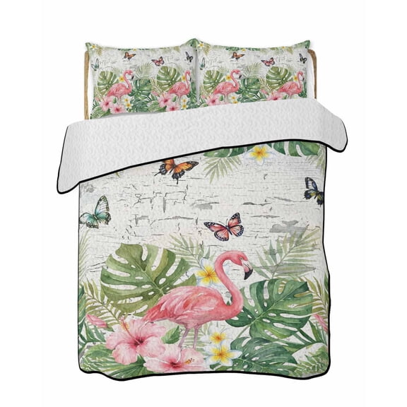 Summer Flamingo Quilts Bedding Set Queen Size Country Retro Tropical Green Leaf Pink Flower Butterfly Lightweight Quilted Bedspread 3 Piece Bed Quilt with 2 Pillow Shams for Bedroom 78" x 90"