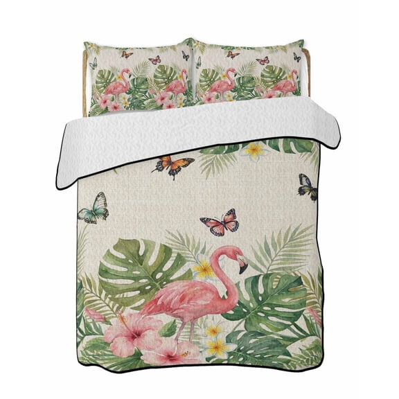 Summer Flamingo Quilts Bedding Set Twin Size Country Vintage Tropical Green Leaf Pink Flower Butterfly Lightweight Quilted Bedspread 3 Piece Bed Quilt with 2 Pillow Shams for Bedroom 68" x 86"