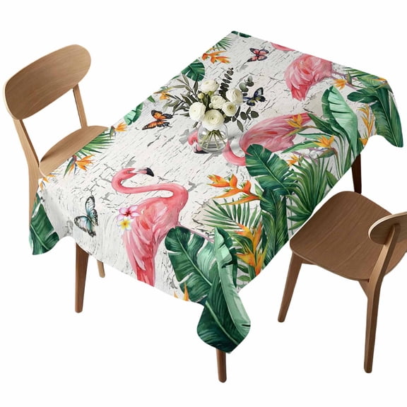 Summer Flamingo Rectangle Tablecloth Country Retro Tropical Green Leaf Pink Floral Butterfly Waterproof Wrinkle Free Soft Table Cloth Spill-Proof Washable Table Cover for Dining Picnic 60 x 102 Inch