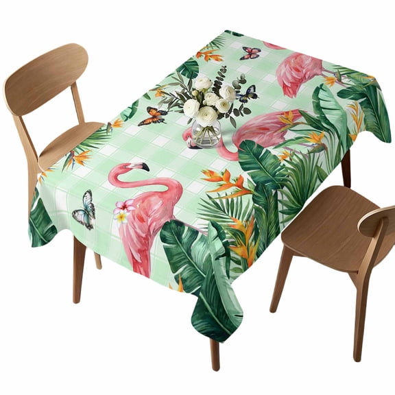 Summer Flamingo Rectangle Tablecloth Retro Tropical Leaf Pink Flower Butterfly Green Plaid Waterproof Wrinkle Free Soft Table Cloth Spill-Proof Washable Table Cover for Dining Picnic 60 x 102 Inch