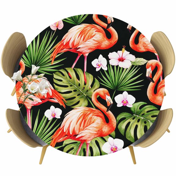 Summer Flamingo Round Tablecloth 36-44 Inch Round Fitted Table Cloth with Elastic Edge, Green Monstera Leaf Tropical Botanical Waterproof Table Cover Protector for Outdoor Picnic Party Dining