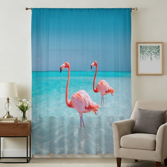 Summer Flamingo Sheer Curtains 45 Inches Long for Bedroom, Tropical Ocean Sea Beach Light Filtering Privacy Drapes, Breathable Semi Sheer Short Window Treatment for Kitchen Cafe Bathroom