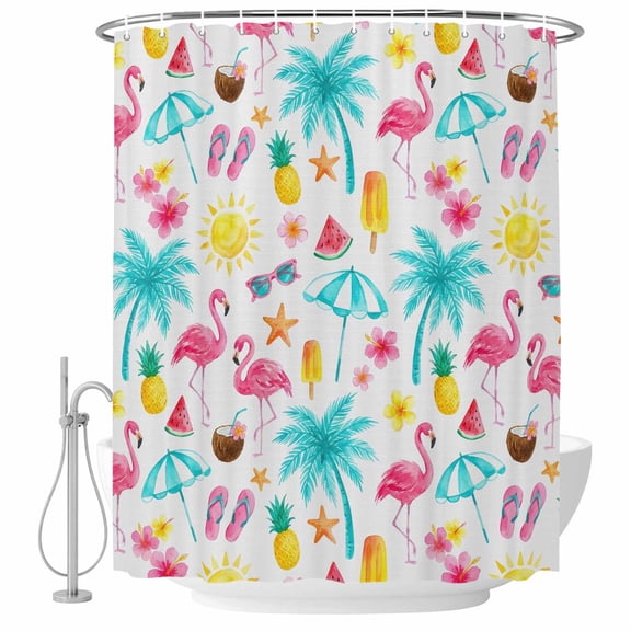 Summer Flamingo Shower Curtains for Bathroom, Waterproof Fabric Bath Curtains Decor, Bath Tub Curtain Tropical Palm Tree Pineapple Decorative Shower Curtain Sets with 12 Hooks, 72x72 Inch