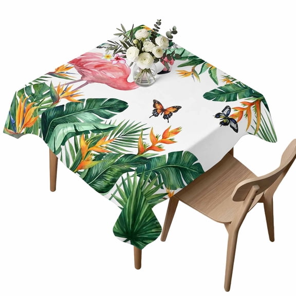 Summer Flamingo Square Tablecloth Country Watercolor Tropical Green Leaf Floral Butterfly Waterproof Wrinkle Free Soft Table Cloth Spill-Proof Washable Table Cover for Dining Picnic 60 x 60 Inch