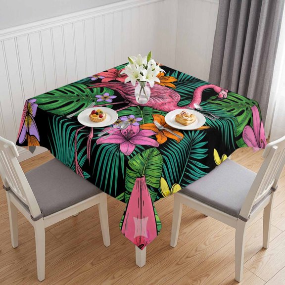 Summer Flamingo Table Cloth Waterproof Tablecloths, Tropical Botanical Green Monstera Leaf Tablecloth Dining Table Cover for Kitchen Party Tabletop Outdoor, Square Tablecloth 54x54 Inch