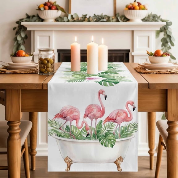 Summer Flamingo Table Runner, Animals Tropical Green Palm Leaf Clawfoot Tub Pattern Washable Cotton-linen Table Runners Dining Kitchen Decoration for Everyday Home Wedding Party Decor, 13 x 36 Inch