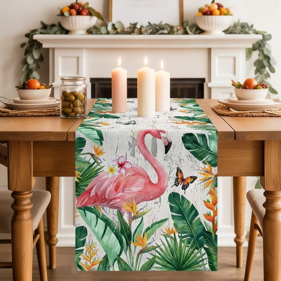 Summer Flamingo Table Runner, Country Retro Tropical Green Leaf Pink Floral Butterfly Washable Cotton-linen Table Runners Dining Kitchen Decoration for Everyday Home Wedding Party Decor, 13 x 36 Inch