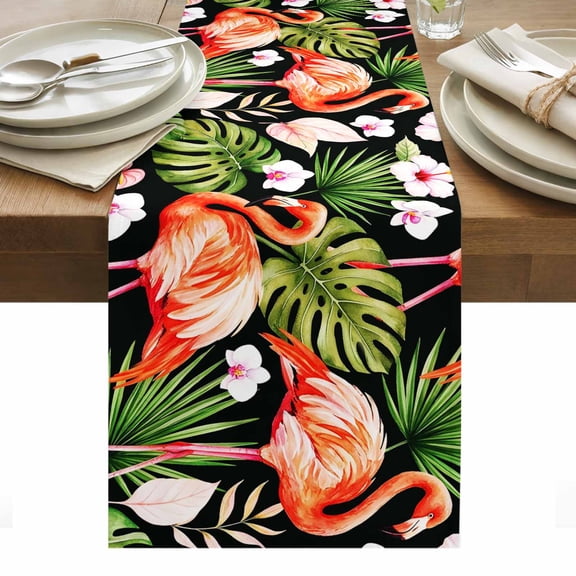 Summer Flamingo Table Runner Green Monstera Leaf Tropical Botanical Tablerunners 16 x 72 Inch, Table Decorations Tabletop Scarf for Summer Gathering Holiday Farmhouse Kitchen Dining Decor