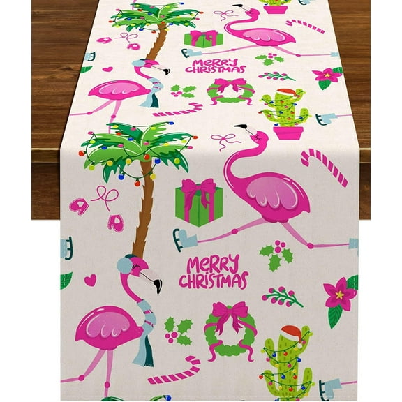 Summer Flamingo Table Runner July Christmas Party Decoration Summer Tropical Palm Tree Home Kitchen Dining Room Decor (13.8" x 108")