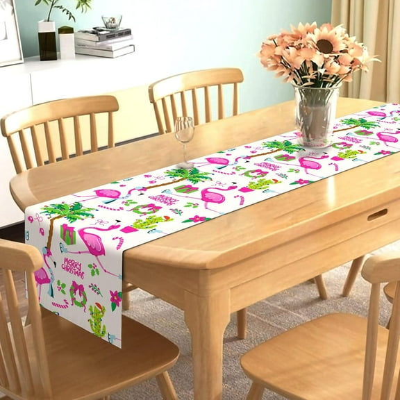 Summer Flamingo Table Runner July Summer Christmas Party Decoration Tropical Palm Tree Home Kitchen Dining Room Decor (13.8" x 71")