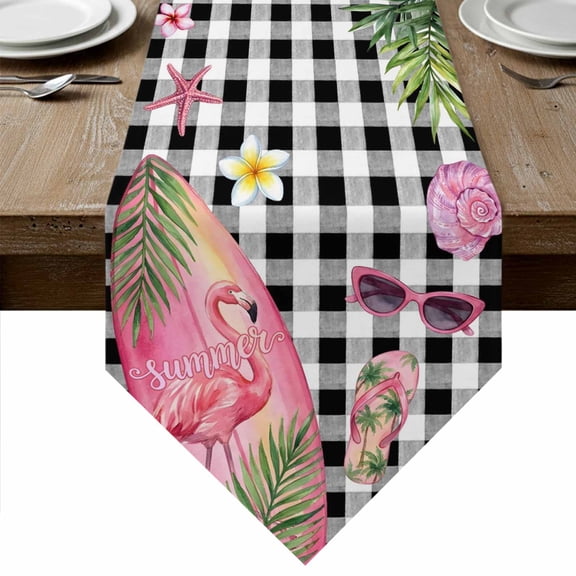Summer Flamingo Table Runner Linen Burlap Table Runner 36 Inches Small Tropical Plants Botanical Floral Black Plaid Dresser Scarves for Kitchen Island Coffee Dining Room Party Holiday Decor 13"x36"