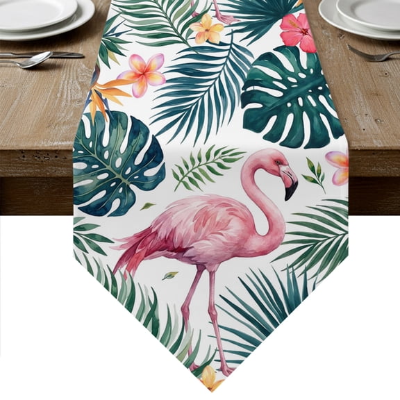 Summer Flamingo Table Runner Linen Burlap Table Runner 48 Inches Long Palm Leaves Floral Tropical Botanical Dresser Scarves for Kitchen Island Coffee Dining Room Party Wedding Holiday Decor 13"x48"