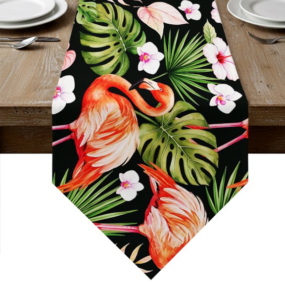 Summer Flamingo Table Runner Linen Burlap Table Runner 70 Inches Long Green Monstera Leaf Tropical Botanical Dresser Scarves for Kitchen Island Coffee Dining Room Party Wedding Holiday Decor 13"x70"