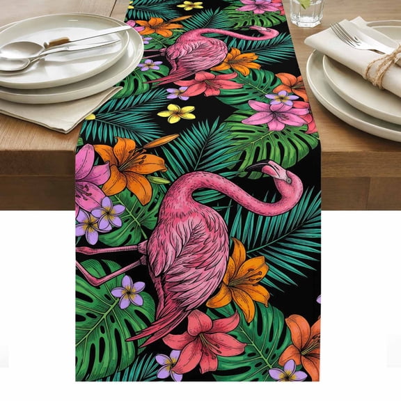 Summer Flamingo Table Runner Tropical Botanical Green Monstera Leaf Tablerunners 13 x 70 Inch, Table Decorations Tabletop Scarf for Summer Gathering Holiday Farmhouse Kitchen Dining Decor