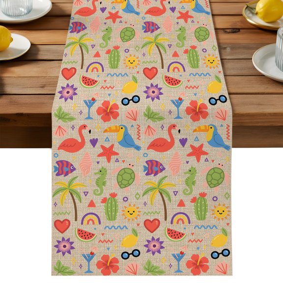 Summer Flamingo Table Runner, Tropical Palm Tree Rainbow Flower Linen Texture Cotton Linen Kitchen Dining Table Runner Home Decor for Party Festival Holiday Decoration Gift 13x36in