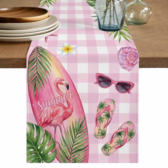 Summer Flamingo Table Runner, Tropical Plants Botanical Floral Pink Plaid Washable Cotton Linen Table Runners 36 Inches Long, Dresser Scarf Runner for Nightstand/End Tables/Round Tables 13''x36''