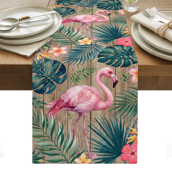 Summer Flamingo Table Runner Vintage Brown Palm Leaves Tropical Botanical Tablerunners 13 x 90 Inch, Table Decorations Tabletop Scarf for Summer Gathering Holiday Farmhouse Kitchen Dining Decor