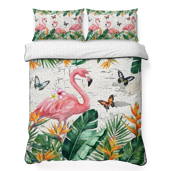 Summer Flamingo Twin Quilt Bedding Set, Country Retro Tropical Green Leaf Pink Floral Butterfly Lightweight Comforter with 2 Pillow Shams Bedroom Bedspread Set Home Decor for All Seasons