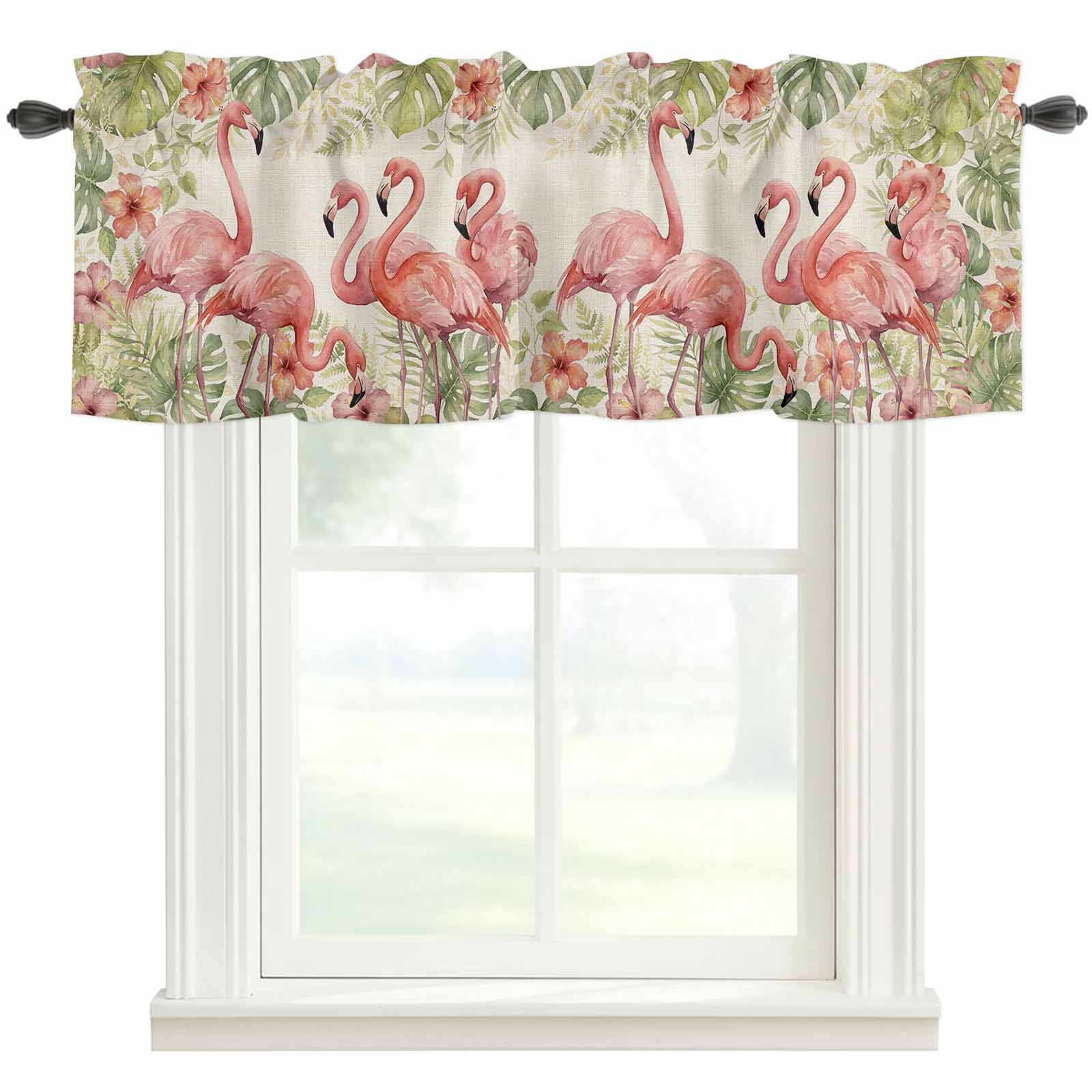 Summer Flamingo Valances for Windows Boho Red Tropical Animals Palm Trees Plants Linen Texture Rod Pocket Curtain Valance Window Treatment Short Curtains for Kitchen Living Room, 60"x18"