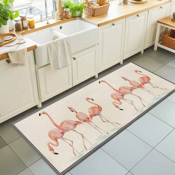 Summer Flamingo Washable Runner Rugs 2'x6', Red Tropical Animals Beige Linen Texture Line Border Washable Runner Rug Non-Slip Sturdy Edge Binding Carpet for Bedside Hallway Runner Kitchen Galley