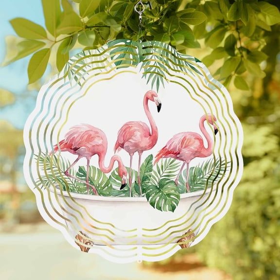 Summer Flamingo Wind Spinner for Garden Yard 8In, Animals Tropical Green Palm Leaf Clawfoot Tub Pattern 3D Stainless Steel Kinetic Hanging Wind Spinners Rustproof Outdoor Decor for Lawn Patio Home