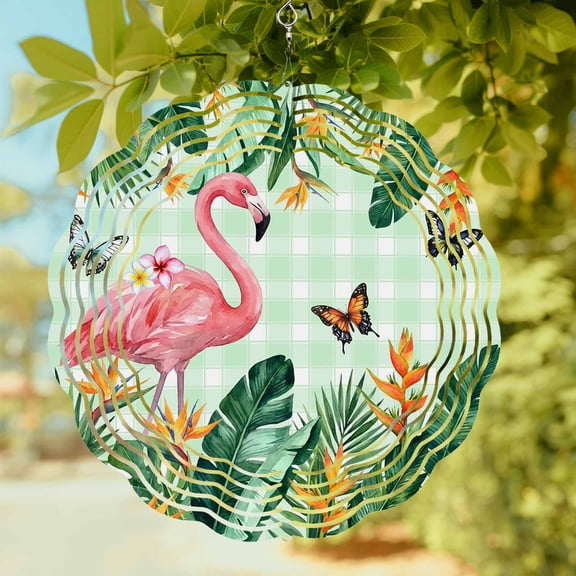 Summer Flamingo Wind Spinner for Garden Yard 8In, Retro Tropical Leaf Pink Flower Butterfly Green Plaid 3D Stainless Steel Kinetic Hanging Wind Spinners Rustproof Outdoor Decor for Lawn Patio Home
