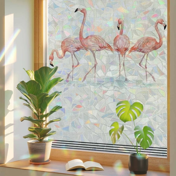 Summer Flamingo Window Privacy Film, Red Tropical Animals Beige Linen Texture Line Border Stained Glass Rainbow Film Decorative Window Clings, Static Cling Sun Blocking Stickers 17.7" x 39.3"
