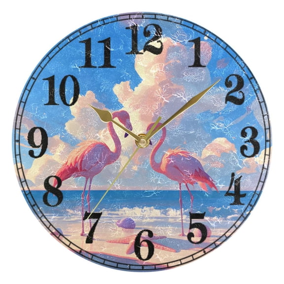 Summer Flamingo on Beach Silent Wall Clock 10" Non-Ticking Battery Clock