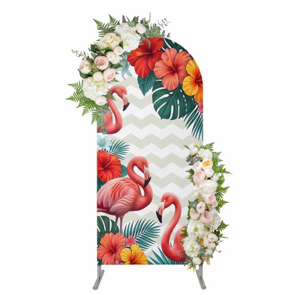 Summer Flamingos Arch Backdrop Cover 5FT, Tropical Botanical Spring Floral Spandex Fitted Stretchy Arch Stand Covers, Round Top Chiara Backdrop Cover for Wedding Party Birthday Baby Shower