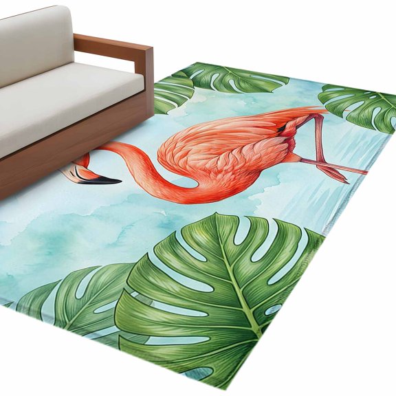 Summer Flamingos Area Rug 3x5 Washable Rug Non Slip Green Tropical Botanical Monstera Leaf Large Area Rug Indoor Floor Carpet for Entryway Bedroom Kitchen Living Room Home Office Dining Room Nursery