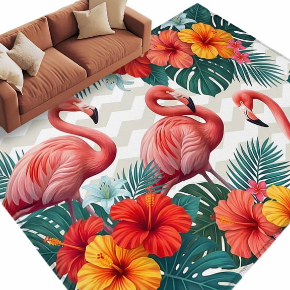 Summer Flamingos Area Rug 5x8 Washable Rug Non Slip Tropical Botanical Spring Floral Large Area Rug Soft Stainresistant Indoor Floor Carpet for Living Room Bedroom Home Office Dining Room Nursery