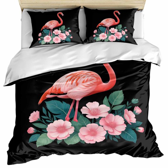 Summer Flamingos Bedding 3 Piece Duvet Cover Set Full Size, Tropical Botanical Flowers Animals Black Microfiber Comforter Cover with Zipper Closure & Pillowcases, Wrinkle & FadeResistant Quilt Cover