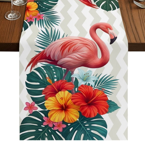 Summer Flamingos Burlap Cotton Table Runner 13x108 Inches Long, Tropical Botanical Spring Floral Farmhouse Table Runners, Outdoor Dining Table Decor for Baby Shower/Party/Wedding